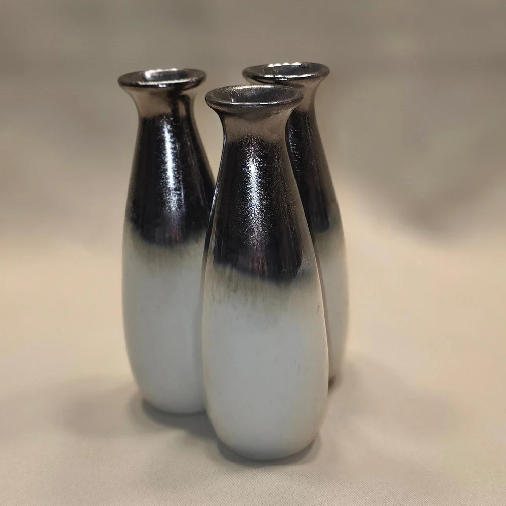 Modern Triple Connected Ceramic Bud Vase Metallic Bronze‎ Ombre White Two Tone